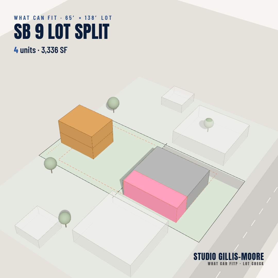 SB 9 lot split with a stacked duplex on the rear parcel of a 65 by 138 foot lot